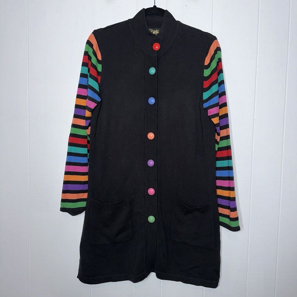 Bob Mackie Wearable Art Women’s Long Cardigan Sweater Rainbow Stripe Teacher S